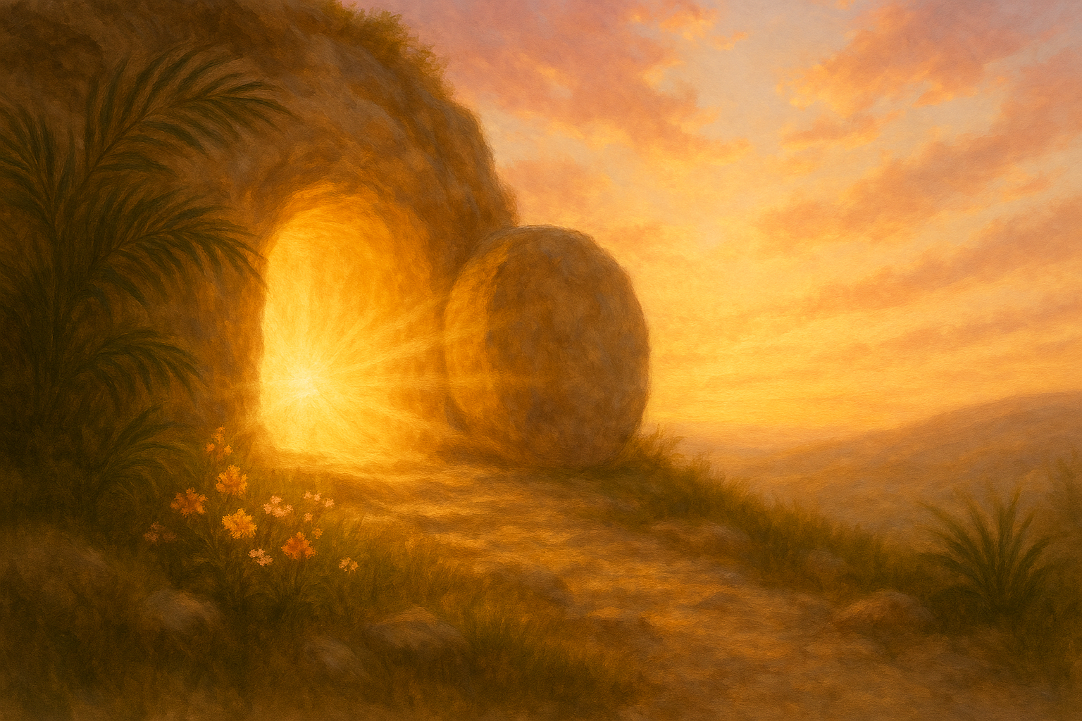 Empty tomb at sunrise - Jesus is risen